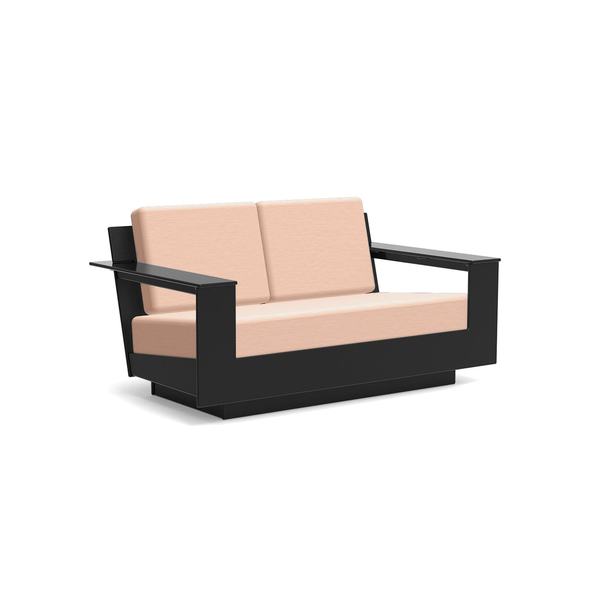 studio shot of nisswa loveseat in black with cast petal cushion