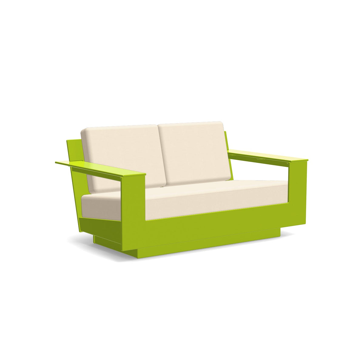 studio shot of nisswa loveseat in leaf green with flax cushion