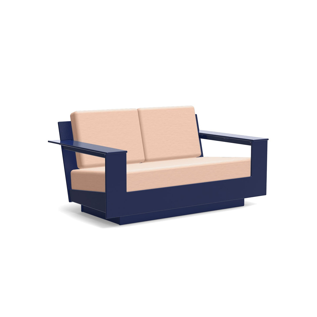 studio shot of nisswa loveseat in navy with cast petal cushion