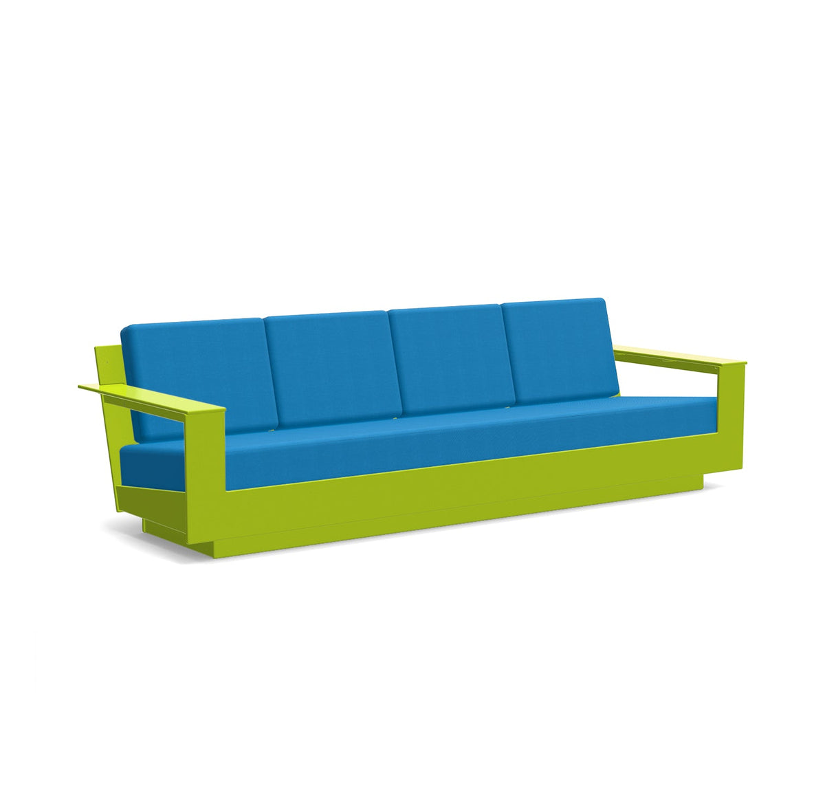 studio shot of nisswa 96 in leaf green with regatta blue cushion