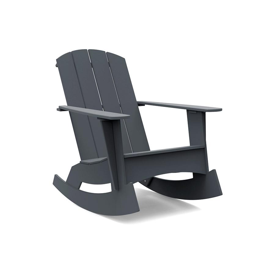 studio image of a charcoal curved rocking adirondack. 