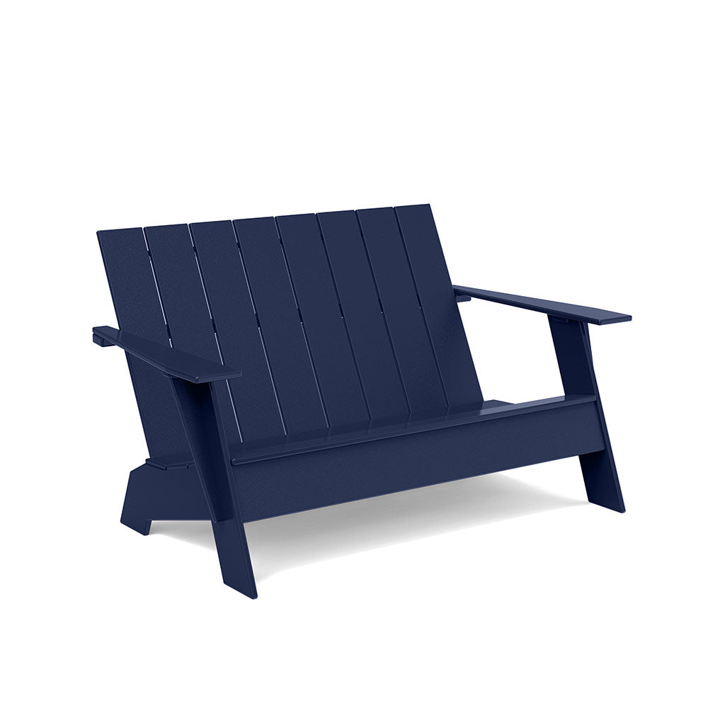 studio shot of navy adirondack bench