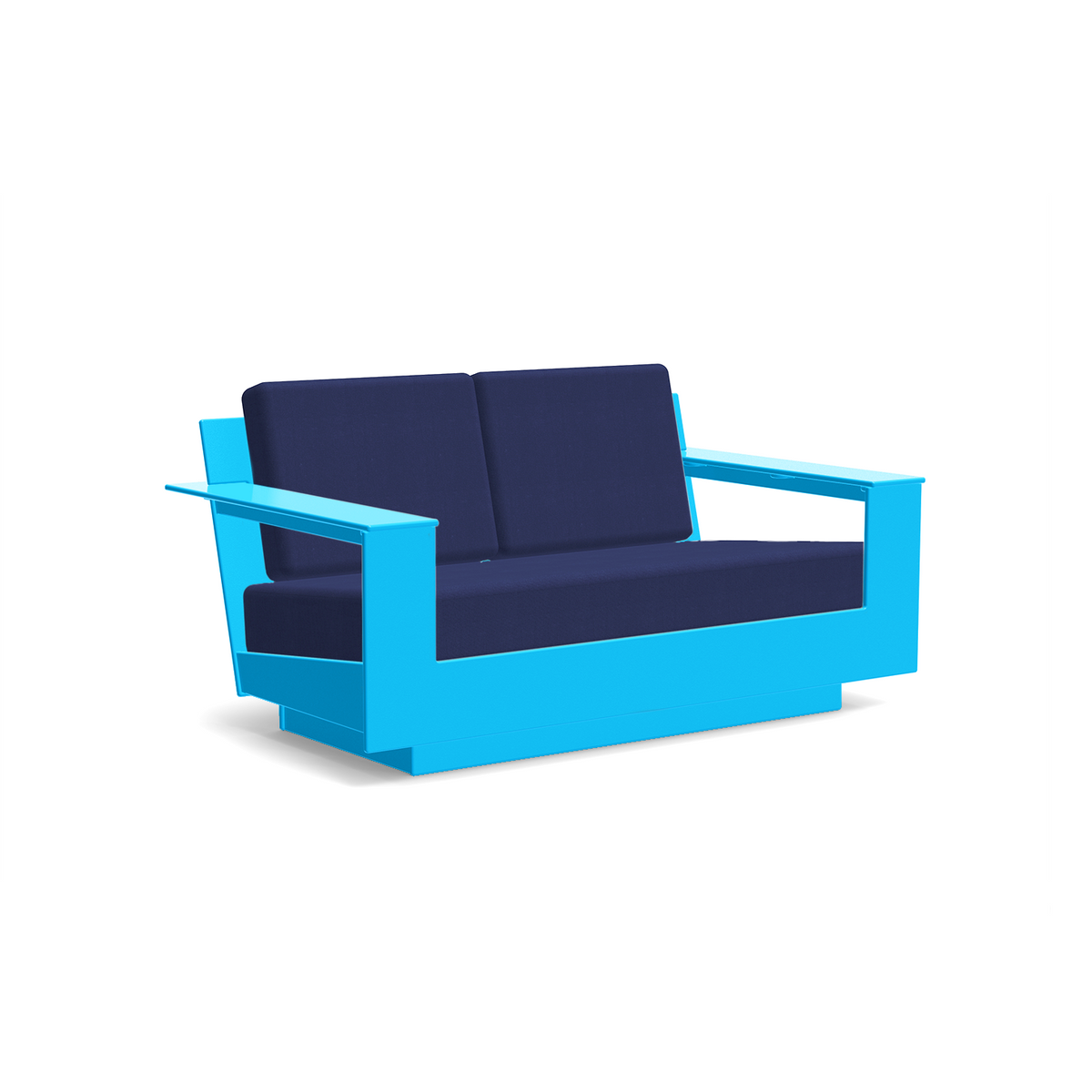 studio shot of nisswa loveseat in sky blue with navy cushion
