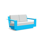 studio shot of nisswa loveseat in sky blue with silver cushion