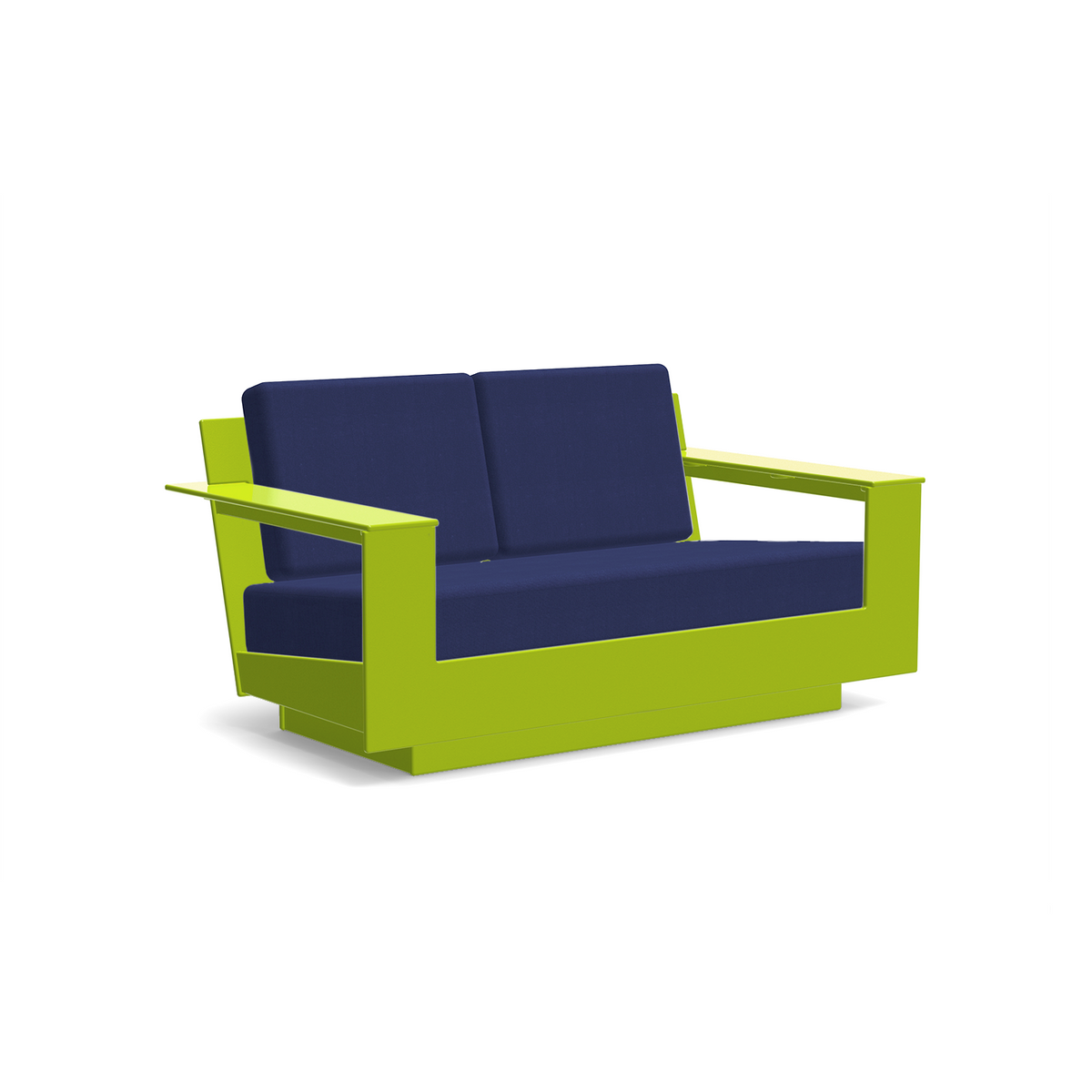 studio shot of nisswa loveseat in leaf green with navy cushion